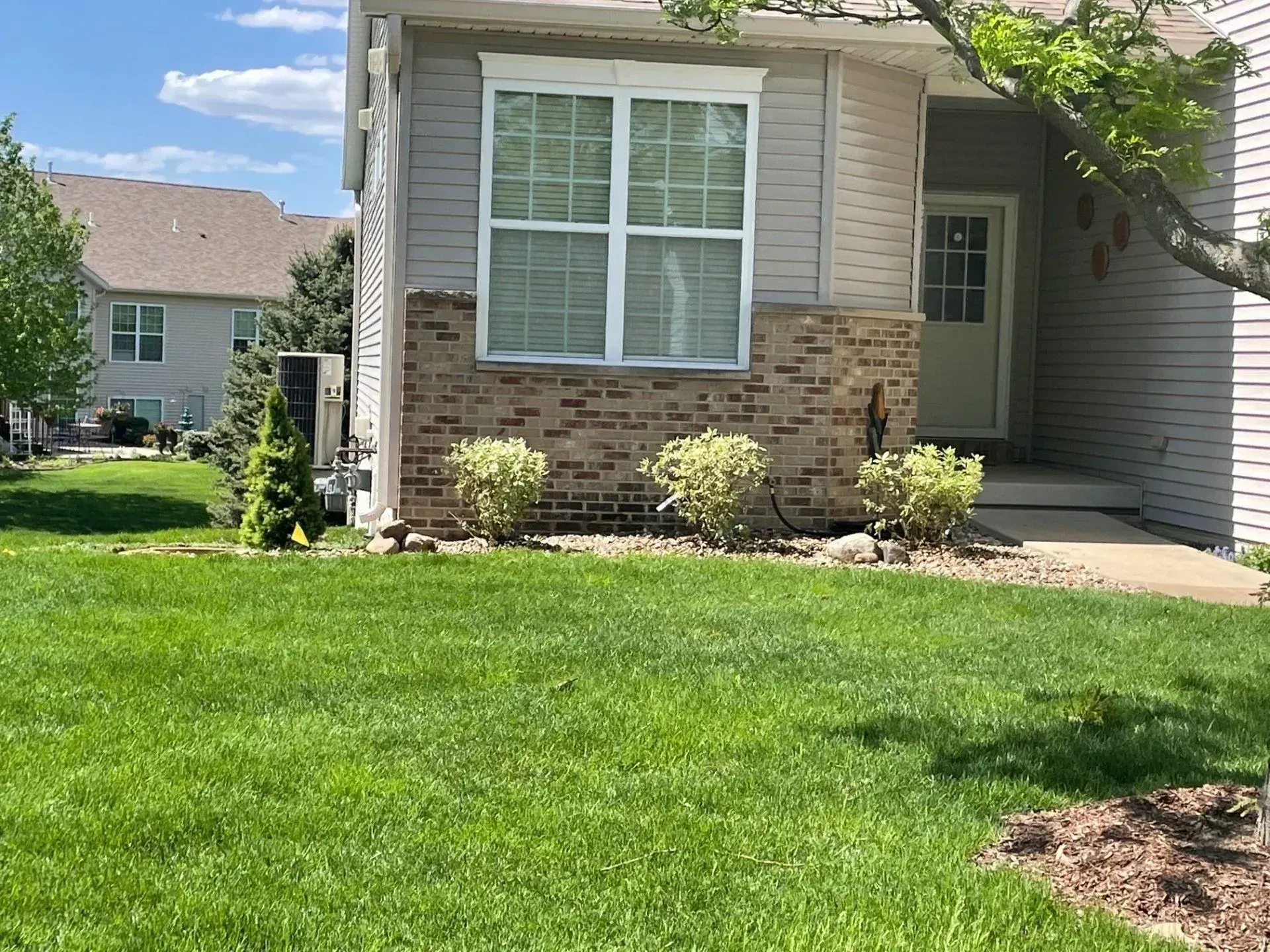 Lawn in front of a tan and brick townhouse with a large window and small bushes.